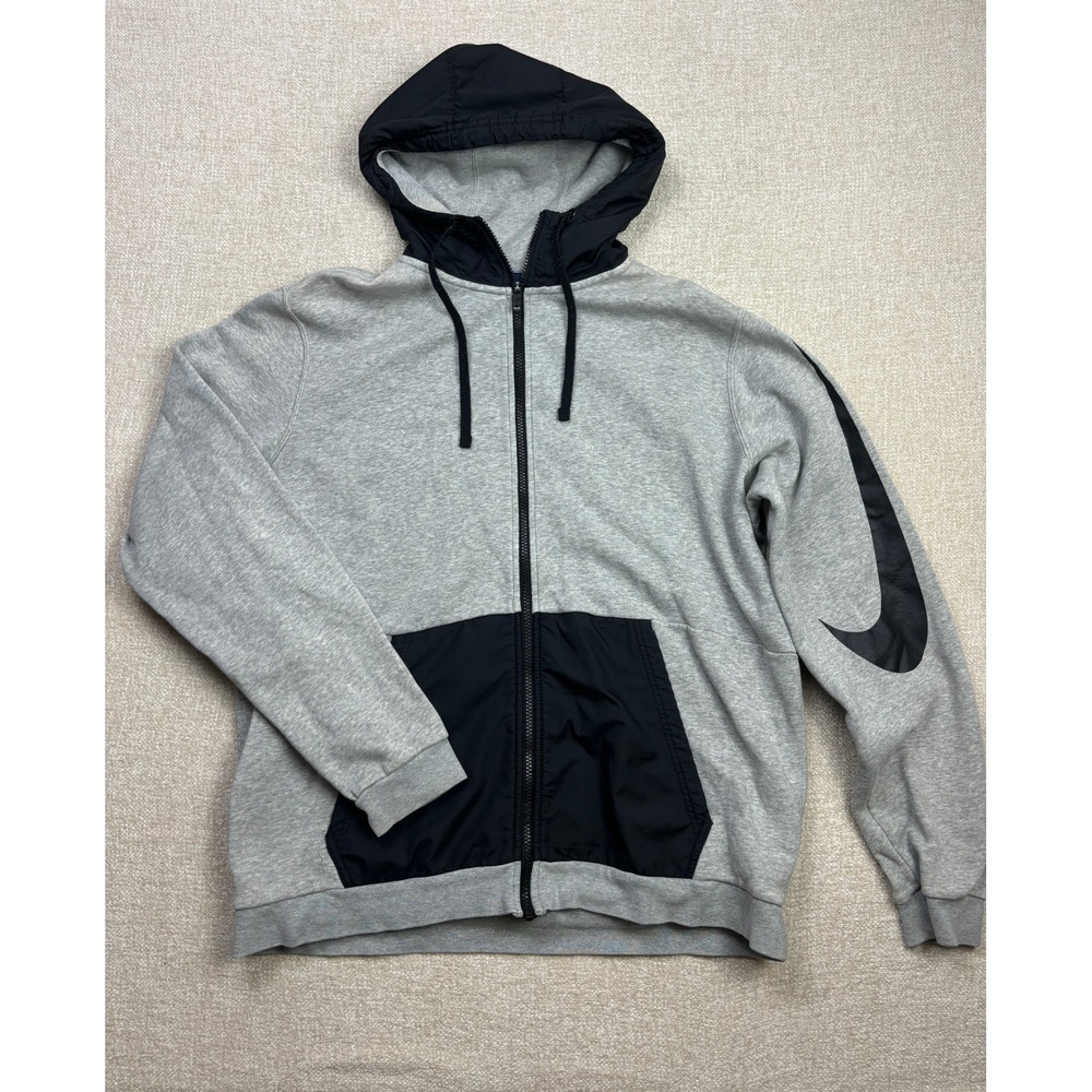 Nike Mens XL Gray Black Colorblock Full Zip Swoosh Sleeve Hoodie DP-608